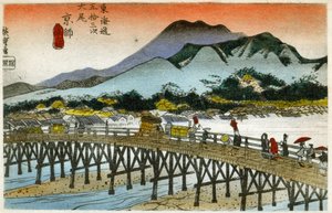Maantiede. Aamun hehku Nihonbashilla (55. asema). Hiroshigen puupiirros teoksessa: Fifty Three Stations of the Tokaido (1833-1834). Postikortti, Japani, n. 1900 (postikortti)