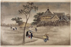 (Suuri rakennus, alapuolella mökit) (sama kuin 17.218) tekijältä Ando or Utagawa Hiroshige