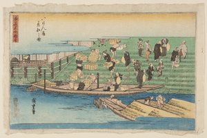 Veneiden telakointi Hachikenyassa (Hachikenya chakusen no zu) (värillinen puupalikkapainatus) tekijältä Ando or Utagawa Hiroshige