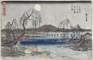 Fishing Fish by Moonlight on Tama River, sarjasta "Lumi, kuu ja kukat" ("Settsu Gekka") (puukiviprintti) tekijältä Ando or Utagawa Hiroshige