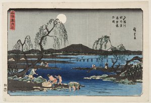 Sweetfishin pyynti Tama-joesta syyskuun alla (Tamagawa aki no tsuki ayugari no zu) (värillinen puupalikkaprintti) tekijältä Ando or Utagawa Hiroshige