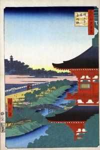 ""Sata kuuluisaa näkymää Edosta" (nykyinen Tokio): näkymä buddhalaisen Zojojin (Zojo ji, Zojo-ji) temppelin pagodista Akabanessa. Tokion kaupunkinäkymä Japanissa. (Pagoda Zojojin temppelissä Akabanessa (Sata kuuluisaa näkymää Edoon). Japanilainen puupalikk tekijältä Ando or Utagawa Hiroshige
