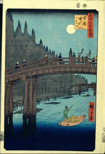 Japanilainen puupalikkaprintti: Bamboo Wharf Kyobashi Bridgellä (Tokio, Japani). Sarja sata kuuluisaa näkymää Edosta. (Bamboo Quay Kyobashin sillan varrella, sata kuuluisaa näkymää Edoon). Utagawa Hiroshigen (1797-1858) teos, puupiirros (39x26 cm) tekijältä Ando or Utagawa Hiroshige