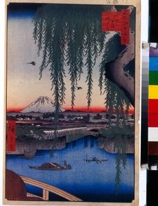 Japanilainen printti: Näkymä Yatsumin sillalle (Tokio, Japani). Sarja sata kuuluisaa näkymää Edosta. (Näkymä Yatsumin sillalle, sata kuuluisaa näkymää Edoon). Utagawa Hiroshigen (1797-1858) teos, puupiirros (37x24 cm) tekijältä Ando or Utagawa Hiroshige