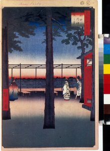 Japanilainen puupalikkaprintti: aamunkoitto Kanda Myojinin temppelissä (Tokio, Japani). Sarja sata kuuluisaa näkymää Edosta. (Aamunkoitto Kanda Myojinin pyhäkössä, sata kuuluisaa näkymää Edoon). Utagawa Hiroshigen (1797-1858) teos, puupiirros (39x26 cm) tekijältä Ando or Utagawa Hiroshige