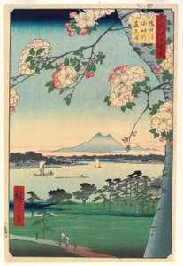 Suijin-pyhäkön ja Masakin metsä Sumida-joella, 1856, 8. kuukausi tekijältä Ando or Utagawa Hiroshige