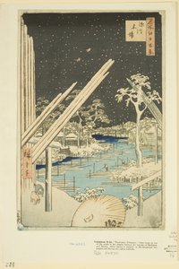 Fukagawa Lumberyards (Fukagawa Kiba) (värillinen puupainatus) tekijältä Ando or Utagawa Hiroshige