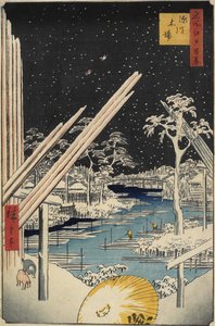 Fukagawa Lumberyards, 1856 tekijältä Ando or Utagawa Hiroshige