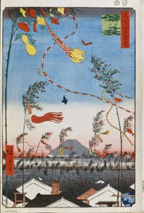 Hyvinvointia kaikkialla kaupungissa Tanabata-festivaalin aikana (Sata kuuluisaa näköalaa Edoon) (Tokio, Japani) - Utagawa Hiroshigen (1797-1858) teos, japanilainen printti (39x26 cm), noin 1858 - Hyvinvointia koko kaupungissa Tanabata-festivaalin aikana (S tekijältä Ando or Utagawa Hiroshige