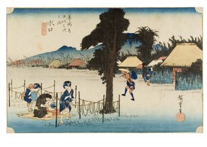 Minakuchi: Tokaidon viisikymmentäkolme asemaa -sarjasta, n. 1831-1834 (puupiirros paperille). tekijältä Ando or Utagawa Hiroshige