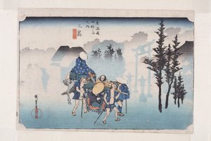 Mishima: Morning Mist (Mishima, asagiri) (värillinen puupainatus) tekijältä Ando or Utagawa Hiroshige