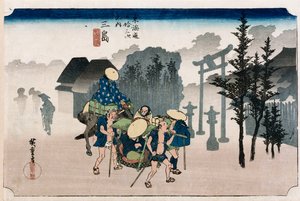 Morning Mist at Mishima", sarjasta "The Fifty-Three Stations of The Tokaido", n. 1834 tekijältä Ando or Utagawa Hiroshige