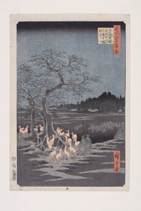 Uudenvuodenaaton kettutuli muuttuvassa puussa, ?ji (?ji Sh?zoku enoki ?misoka no kitsunebi) (värillinen puupainatus) tekijältä Ando or Utagawa Hiroshige
