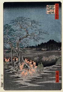 Uudenvuodenaaton kettutuli nokkospuussa, Oji, sarjasta "Sata kuuluisaa näköalaa Edosta" tekijältä Ando or Utagawa Hiroshige