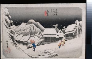 Night Snow, Kambara", sarjasta "The Fifty-Three Stations of the Tokaido" tekijältä Ando or Utagawa Hiroshige