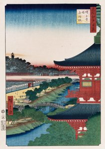 "Pagoda of Zojoji, Akabane", sarjasta "Sata näkymää kuuluisista paikoista Edossa" tekijältä Ando or Utagawa Hiroshige