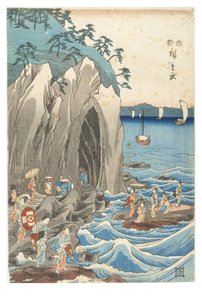 Pyhiinvaellus Benzaiten-patsaan näyttelyyn Iwayan pääpyhäkössä Enoshimassa Sagamin maakunnassa, n. 1847-1852 (puupainatus paperille) tekijältä Ando or Utagawa Hiroshige