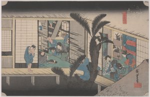 Kohtaus majatalossa tekijältä Ando or Utagawa Hiroshige