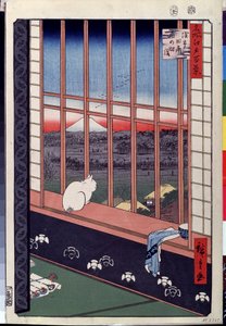 Sarja "Edon sata kuuluisaa näkymää"": "Asakusan riisipellot kukkofestivaalin aikana, kissa istuu ikkunalaudalla"" (Kissa istuu ikkunapenkillä) Print Utagawa Hiroshige (1797-1858) ) 1800-luvun Pushkin-museo Moskova tekijältä Ando or Utagawa Hiroshige
