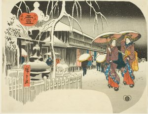 Snow (Yuki), sarjasta "Famous Places of Edo, n. 1849-52 (värillinen puupalikkaprintti; uchiwa-e) tekijältä Ando or Utagawa Hiroshige