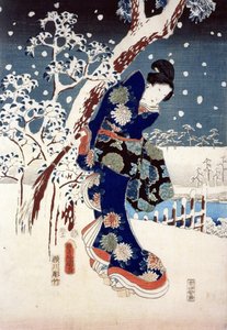 Lumikohtaus Daimyon puutarhassa, osa Triptyykkiä (silkkipaino) tekijältä Ando or Utagawa Hiroshige