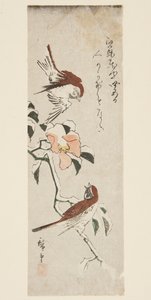 Sparrows and Camellia in Snow (värillinen puupalikkaprintti) tekijältä Ando or Utagawa Hiroshige