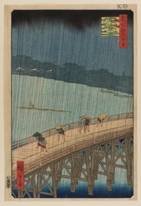 Äkillinen sadekuuro Shin Ohashin sillan ja Ataken yli tekijältä Ando or Utagawa Hiroshige