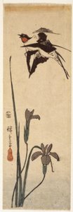 Pääskyset ja iiris (värillinen puupainatus) tekijältä Ando or Utagawa Hiroshige