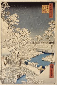 Taikon silta ja auringonlaskukukkula Megurossa (väripuupainatus) tekijältä Ando or Utagawa Hiroshige