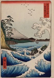 Meri Sattan edustalla Surugan maakunnassa", sarjasta "Kolmekymmentäkuusi näkymää Fuji-vuorelle" tekijältä Ando or Utagawa Hiroshige