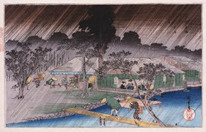 Twilight Shower Tadasu Bankissa, sarjasta "Kioton kuuluisat paikat" Ando Hiroshige tekijältä Ando or Utagawa Hiroshige