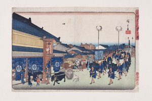 Näkymä Shimbashiin (Shimbashin hahmo) tekijältä Ando or Utagawa Hiroshige