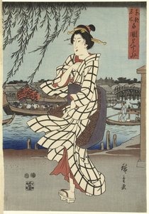 Nainen kävelemässä joen rannalla, pub.C1848 (värillinen puupainatus) tekijältä Ando or Utagawa Hiroshige
