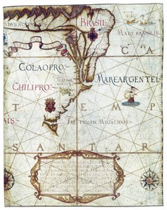 Etelä-Amerikan kartta, Universassa ja Navigabilisissa Totius Terrarum Orbis Descriptio 1559 (värikäsikirjoitus) tekijältä André Homem