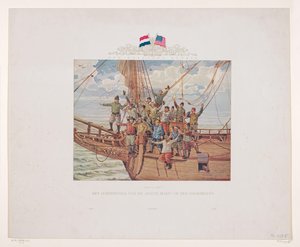 Henry Hudsonin laiva, Halve Maen, lähestyy Pohjois-Amerikan rannikkoa, 1609 Maa näköpiirissä! Halve Maenin laivaväki keulassa (otsikko esineessä) tekijältä André Vlaanderen