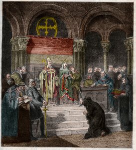 Keisari Henrik IV (1050-1106) paavi Gregorius VII:n (1020-85) jalkojen juuressa. tekijältä Andre Cluysenaar