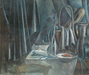 Asetelma, jossa on leipäkori, kannu ja viinilasi tekijältä Andre Derain