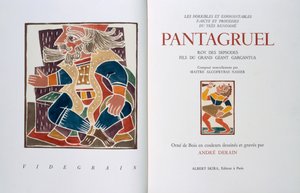 Nimiölehti teoksesta "Les horribles et espouvantables faictz et prouesses du tres renomme Pantagruel, Roy des Dipsodes, fils du grand geant Gargantua. Compose nouvellement par Maitre Alcofybras Nasier", Francois Rabelais (n. 1494-1553) 1943 (puupiirros). tekijältä Andre Derain