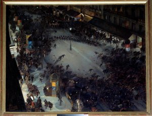 La charge, Boulevard Montmartre Mielenosoituspaikka Pariisissa. Andre Devambezin (1867-1944) maalaus 1901 Su. 1,27 x 1,62 m. Pariisi, Musee d