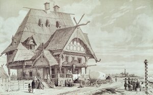 Hotellit ja majatalot, kuvitus teoksesta "Voyage pittoresque en Russie", 1839 tekijältä Andre Durand