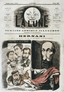 Karikatyyri "Hernanista" on kirjoittanut Victor Hugo ja ohjannut Auguste Vacquerie, kuvitus "La Lunen" etukannessa, 30. kesäkuuta 1867 tekijältä Andre Gill