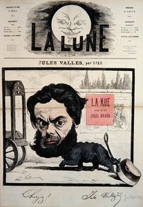 Karikatyyri Jules Vallesin kansikuva La Lune -lehdestä, heinäkuu 1867 (värilitho) tekijältä Andre Gill