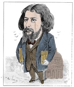 Ranskalaisen kirjailijan Alphonse Daudetin (1840-1897) sarjakuva, joka edusti kirjoillaan ja monokkelillaan Pariisin Institut de Francessa. Piirustus Andre Gill. Kaiverrus "" Le Monde Illustré" -kirjassa tekijältä Andre Gill