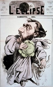 Sarjakuva Leon Gambettaa (1838-1882), ranskalaista poliitikkoa. Andre Gillin (1840-1885) piirros elokuvassa "" L