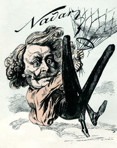 Sarjakuva Felix Nadarista, ilmakuvan pioneerista vuonna 1858, täällä roikkuu ilmapallostaan (kaiverrus) tekijältä Andre Gill