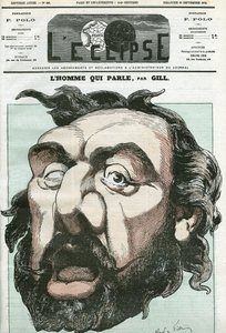 Sarjakuva "miehestä, joka puhuu", Leon Gambetta (1838-1882), ranskalainen poliitikko. Kansi "" L