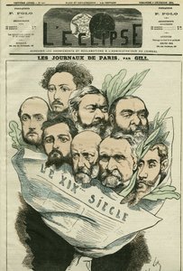 Sarjakuva "" Le XIXe siècle" -sanomalehden tiimistä, ohjaaja Edmont About (1828-?), ranskalainen kirjainmies. Kansi "" L