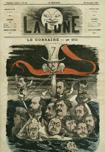 Kuvitus sanomalehdestä "" Le Corsaire"" ja sen kolumnistit. Gillin sarjakuva elokuvassa "La Lune", 24. marraskuuta tekijältä Andre Gill