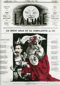 Le Boeuf gras et sa lament, esimerkki laulusta. Gillin sarjakuva elokuvassa "La Lune", 3. maaliskuuta tekijältä Andre Gill