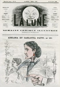 Muotokuva italialaisista oopperalaulajista Adelinasta (1843-1919) ja Carlotta Patista (1835-1889). Gillin sarjakuva elokuvassa "The Moon", 25. marraskuuta tekijältä Andre Gill